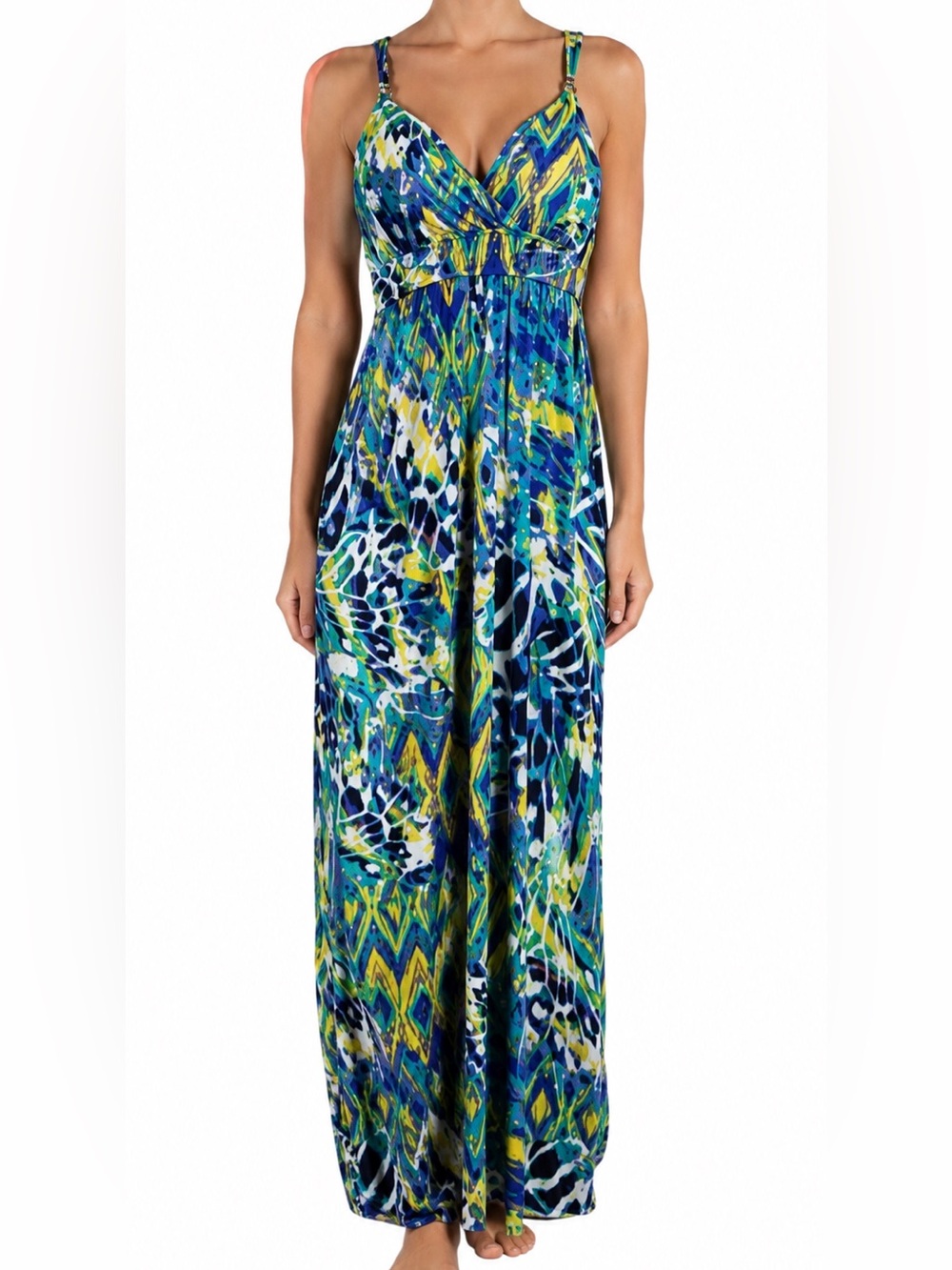 Allison Brittney crossover-front empire waist maxi dress geometric abstract pat - Picture 2 of 8